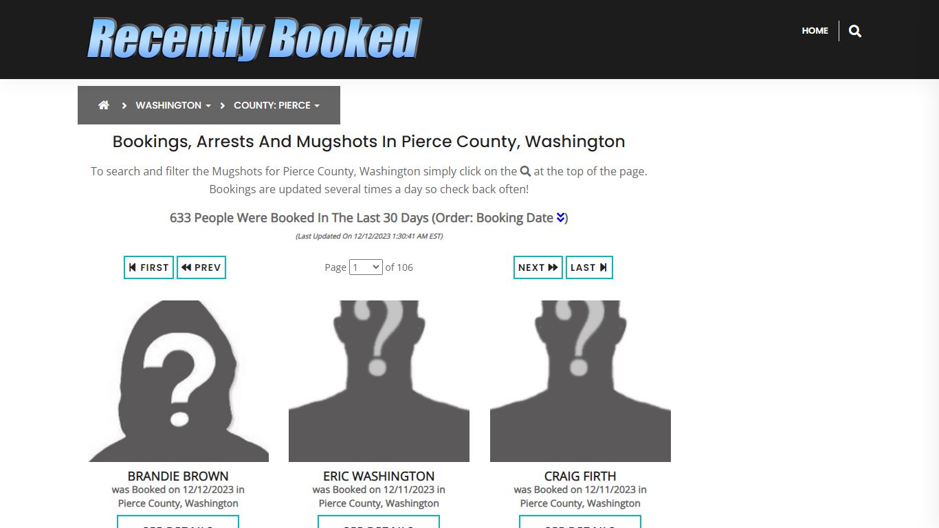 Bookings, Arrests and Mugshots in Pierce County, Washington